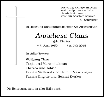 Traueranzeige von Anneliese Claus von Neue Osnabrücker Zeitung GmbH & Co. KG