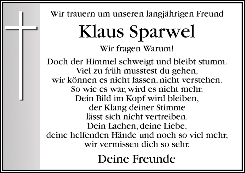  Traueranzeige für Klaus Sparwel vom 24.07.2015 aus Neue Osnabrücker Zeitung GmbH & Co. KG