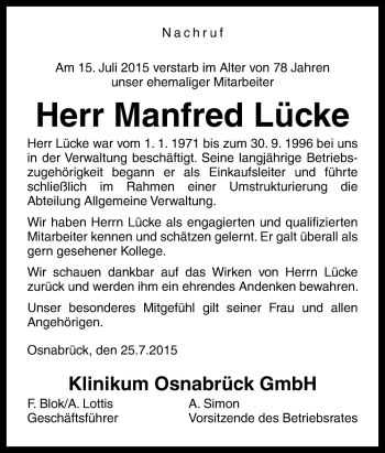 Traueranzeige von Manfred Lücke von Neue Osnabrücker Zeitung GmbH & Co. KG