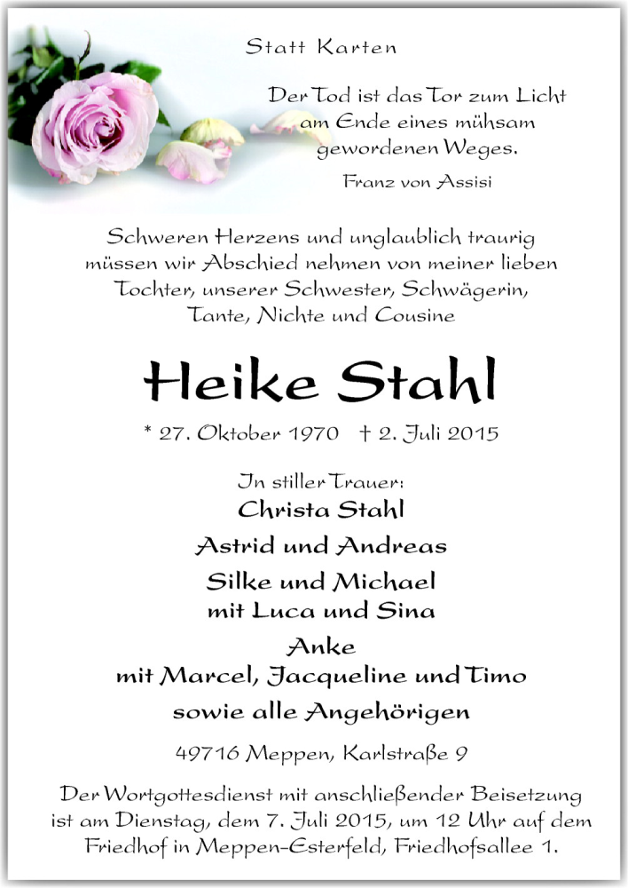  Traueranzeige für Heike Stahl vom 04.07.2015 aus Neue Osnabrücker Zeitung GmbH & Co. KG