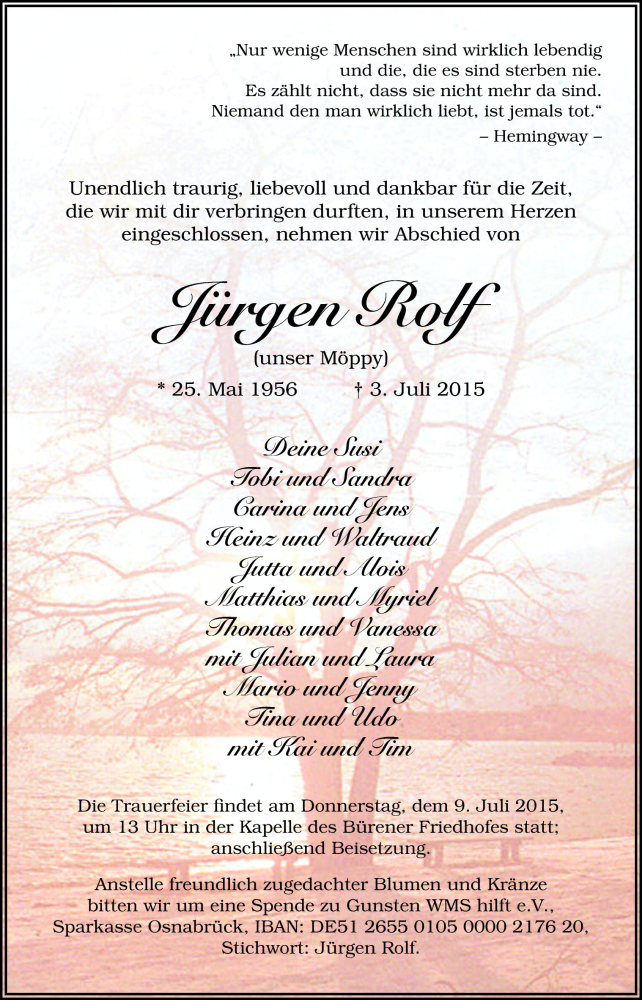  Traueranzeige für Jürgen Rolf vom 07.07.2015 aus Neue Osnabrücker Zeitung GmbH & Co. KG