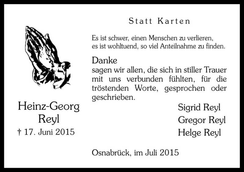  Traueranzeige für Heinz-Georg Reyl vom 18.07.2015 aus Neue Osnabrücker Zeitung GmbH & Co. KG
