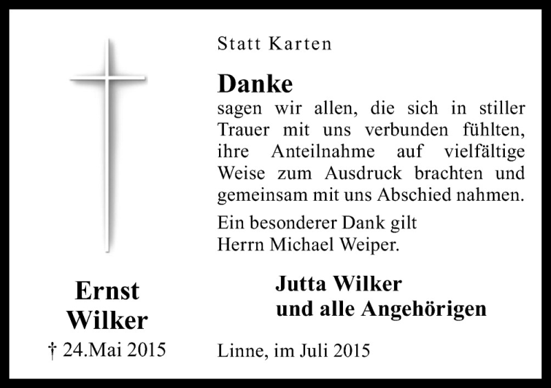  Traueranzeige für Ernst Wilker vom 18.07.2015 aus Neue Osnabrücker Zeitung GmbH & Co. KG