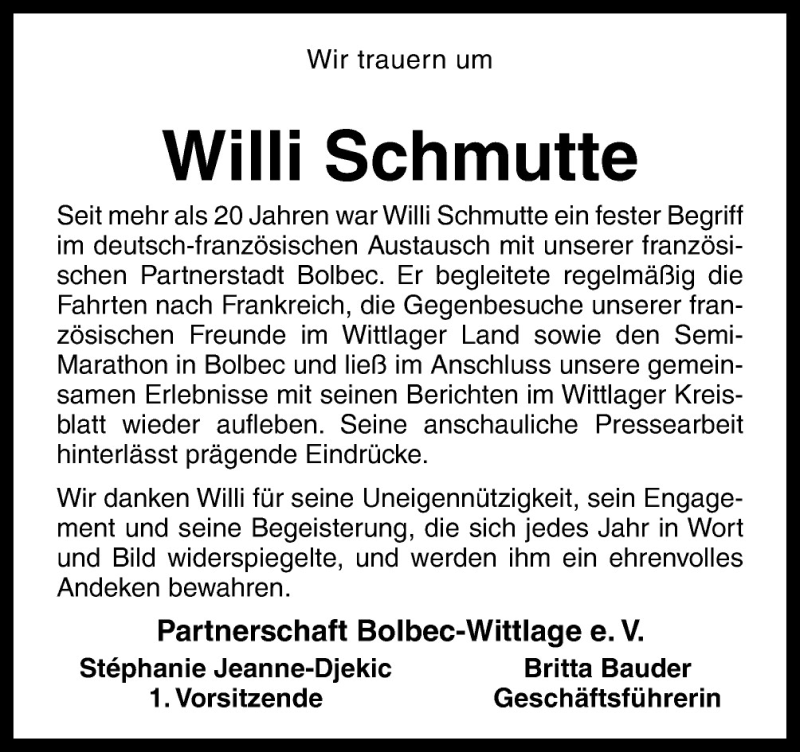 Traueranzeige für Willi Schmutte vom 15.07.2015 aus Neue Osnabrücker Zeitung GmbH & Co. KG