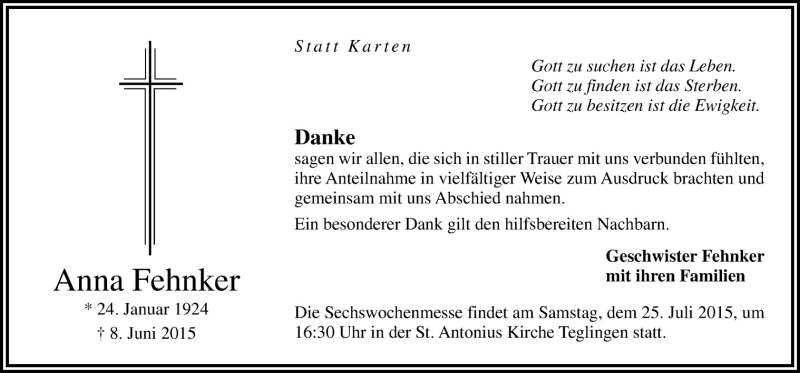  Traueranzeige für Anna Fehnker vom 22.07.2015 aus Neue Osnabrücker Zeitung GmbH & Co. KG