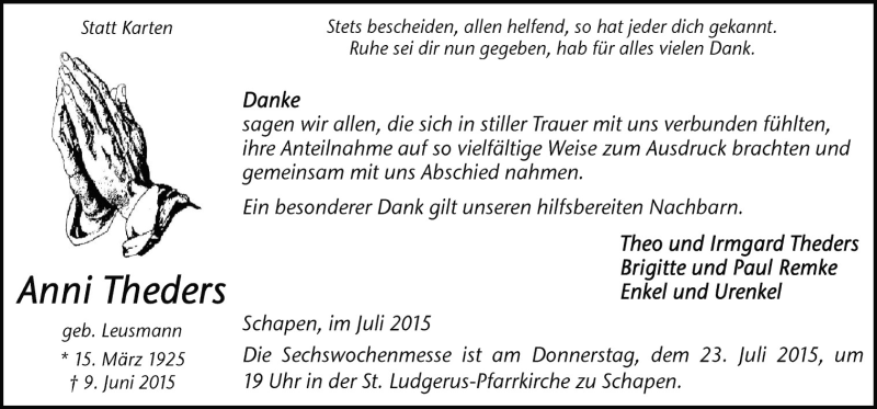  Traueranzeige für Anni Theders vom 18.07.2015 aus Neue Osnabrücker Zeitung GmbH & Co. KG