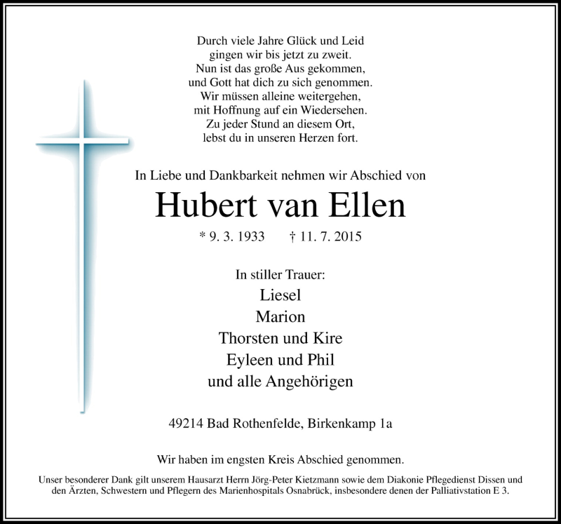  Traueranzeige für Hubert van Ellen vom 22.07.2015 aus Neue Osnabrücker Zeitung GmbH & Co. KG