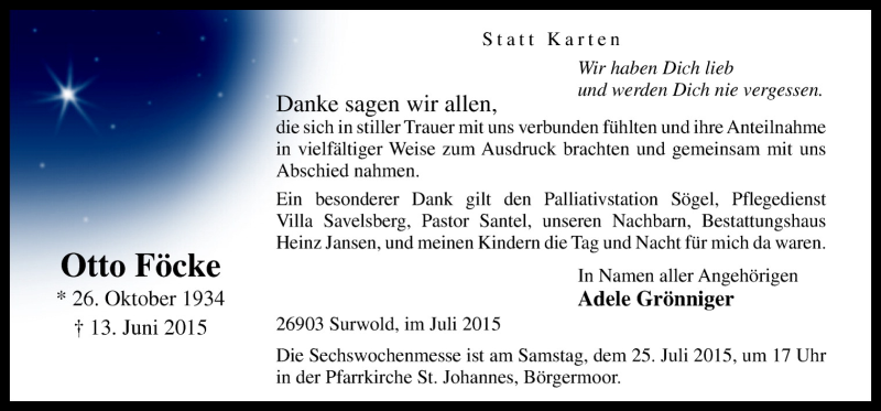  Traueranzeige für Otto Föcke vom 22.07.2015 aus Neue Osnabrücker Zeitung GmbH & Co. KG