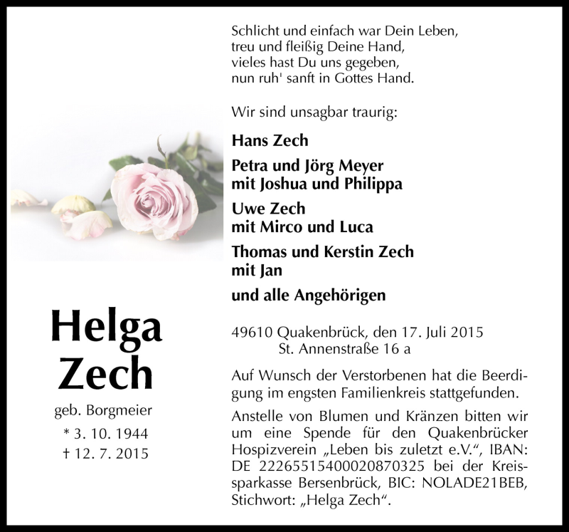  Traueranzeige für Helga Zech vom 18.07.2015 aus Neue Osnabrücker Zeitung GmbH & Co. KG
