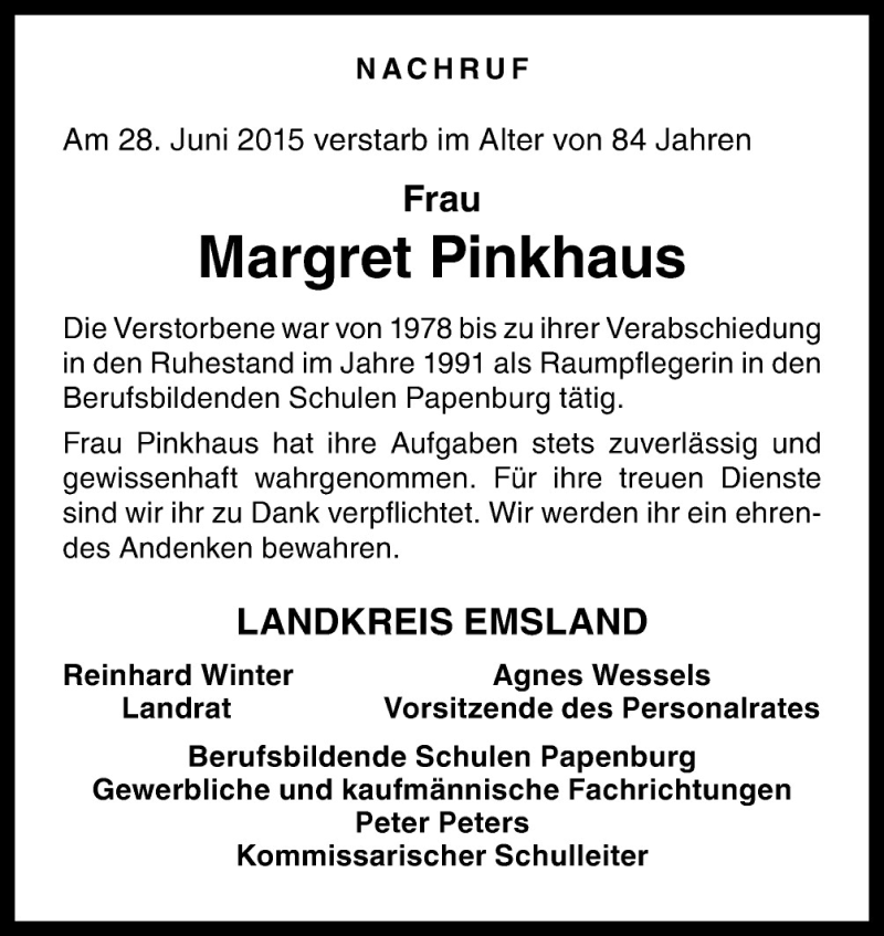  Traueranzeige für Margret Pinkhaus vom 16.07.2015 aus Neue Osnabrücker Zeitung GmbH & Co. KG