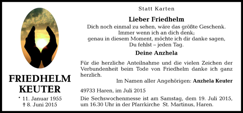  Traueranzeige für Friedhelm Keuter vom 16.07.2015 aus Neue Osnabrücker Zeitung GmbH & Co. KG