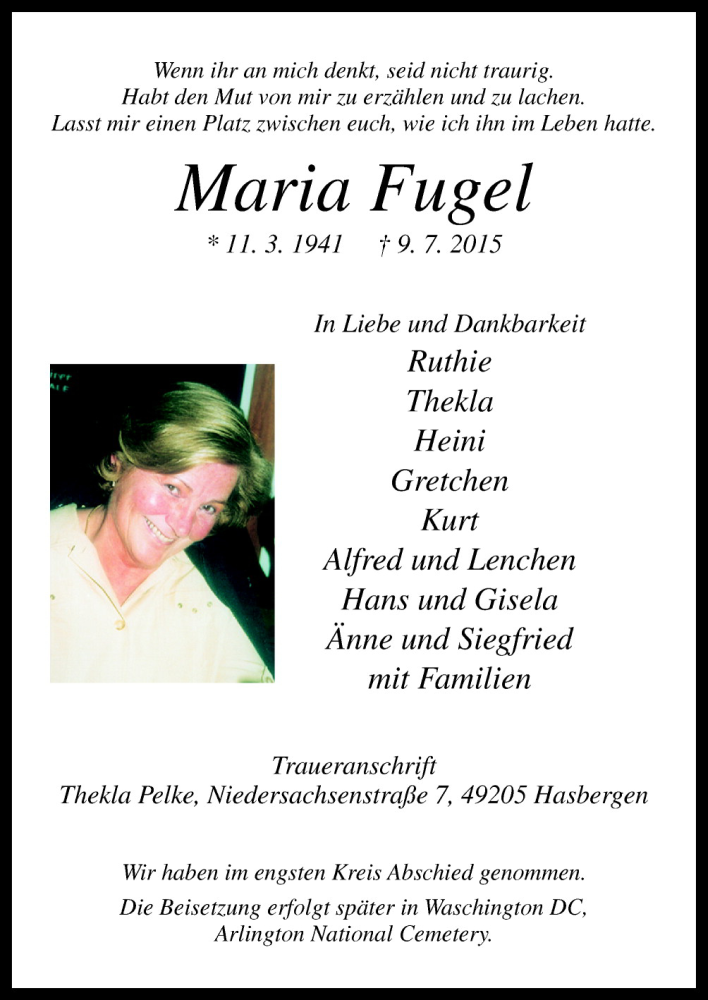  Traueranzeige für Maria Fugel vom 15.07.2015 aus Neue Osnabrücker Zeitung GmbH & Co. KG