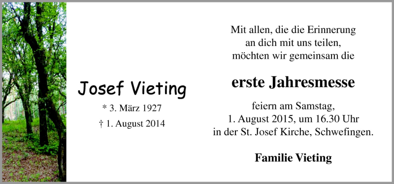  Traueranzeige für Josef Vieting vom 29.07.2015 aus Neue Osnabrücker Zeitung GmbH & Co. KG