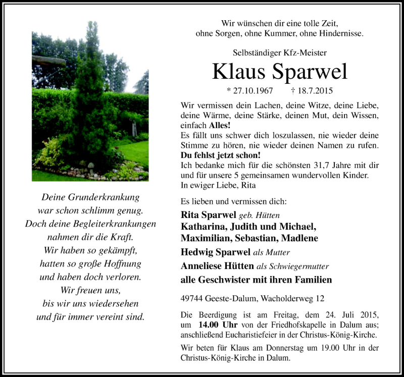  Traueranzeige für Klaus Sparwel vom 21.07.2015 aus Neue Osnabrücker Zeitung GmbH & Co. KG
