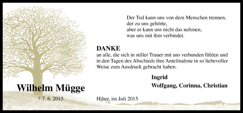  Traueranzeige für Wilhelm Mügge vom 18.07.2015 aus Neue Osnabrücker Zeitung GmbH & Co. KG