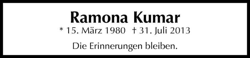  Traueranzeige für Ramona Kumar vom 31.07.2015 aus Neue Osnabrücker Zeitung GmbH & Co. KG
