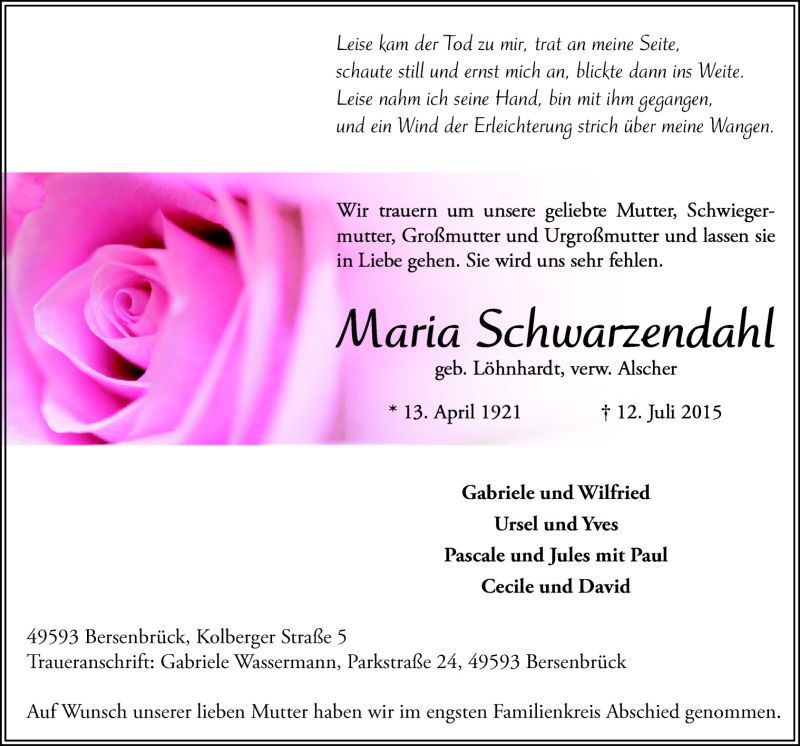  Traueranzeige für Maria Schwarzendahl vom 18.07.2015 aus Neue Osnabrücker Zeitung GmbH & Co. KG