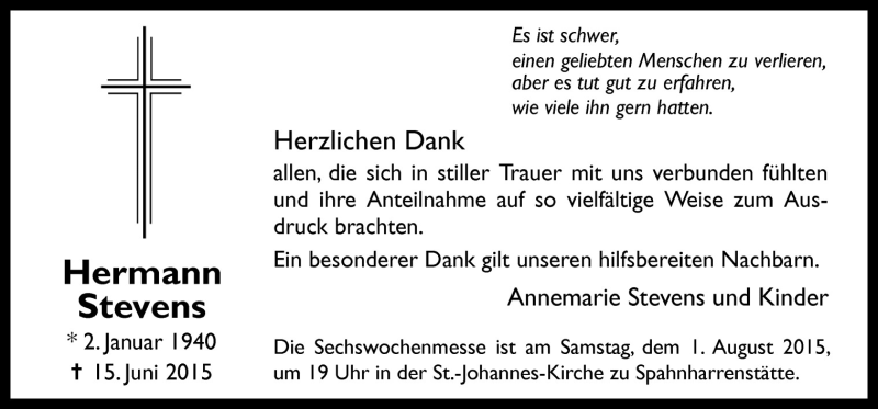  Traueranzeige für Hermann Stevens vom 30.07.2015 aus Neue Osnabrücker Zeitung GmbH & Co. KG