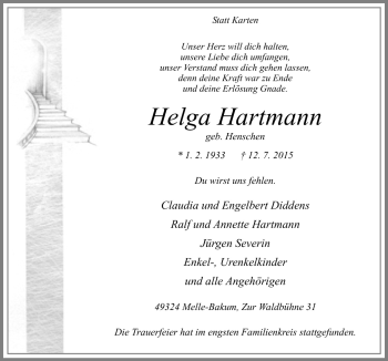 Traueranzeige von Helga Hartmann von Neue Osnabrücker Zeitung GmbH & Co. KG
