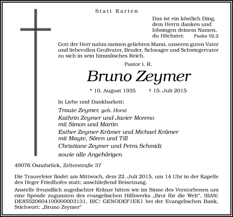  Traueranzeige für Bruno Zeymer vom 18.07.2015 aus Neue Osnabrücker Zeitung GmbH & Co. KG