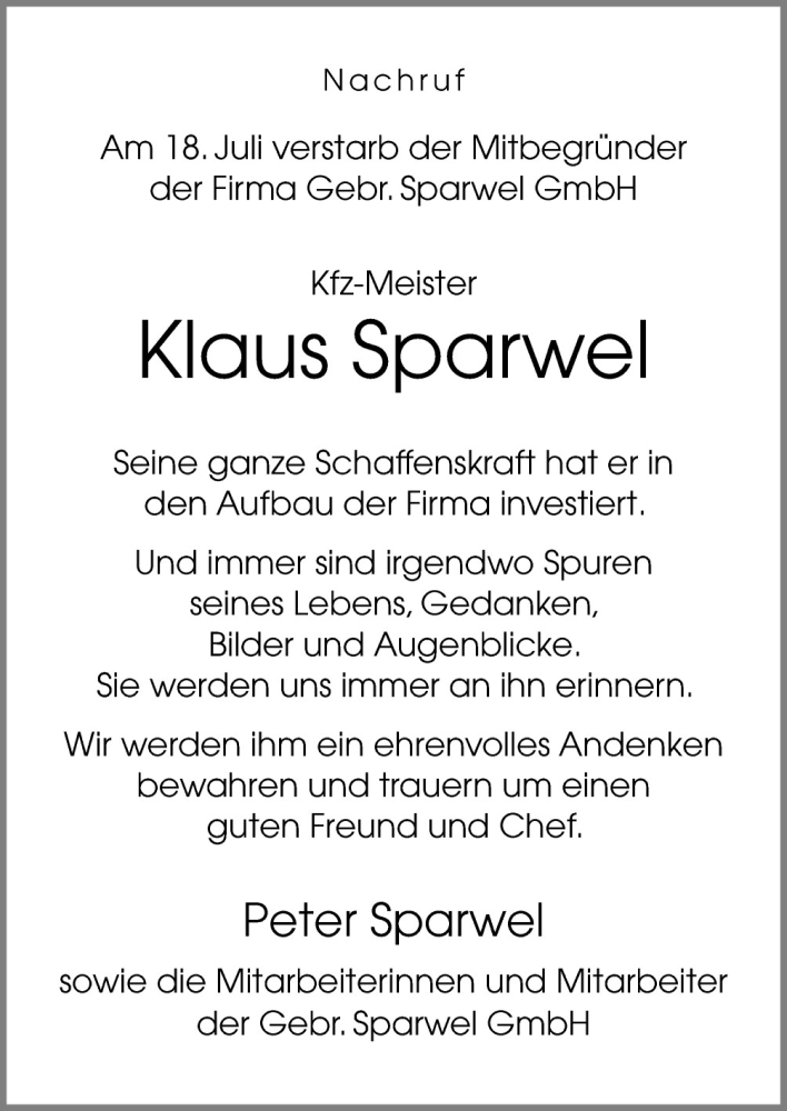  Traueranzeige für Klaus Sparwel vom 28.07.2015 aus Neue Osnabrücker Zeitung GmbH & Co. KG