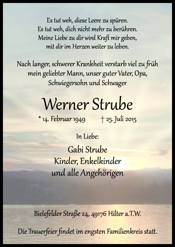  Traueranzeige für Werner Strube vom 28.07.2015 aus Neue Osnabrücker Zeitung GmbH & Co. KG