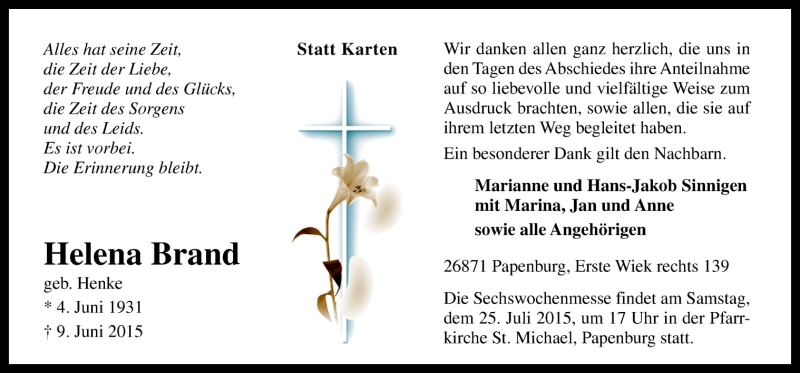  Traueranzeige für Helena Brand vom 22.07.2015 aus Neue Osnabrücker Zeitung GmbH & Co. KG