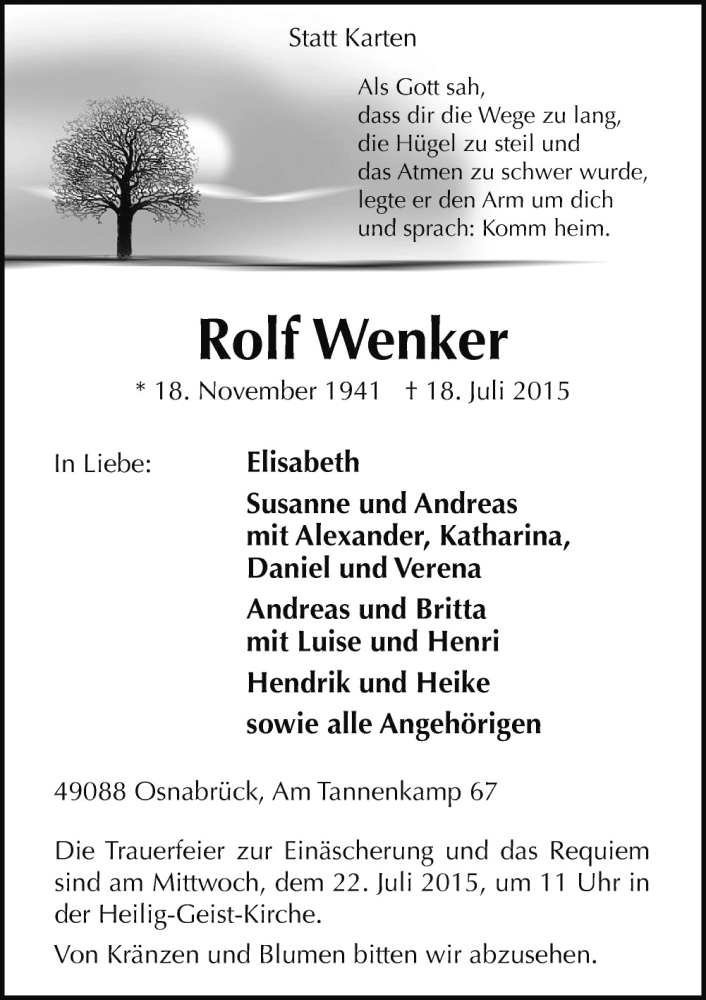  Traueranzeige für Rolf Wenker vom 20.07.2015 aus Neue Osnabrücker Zeitung GmbH & Co. KG