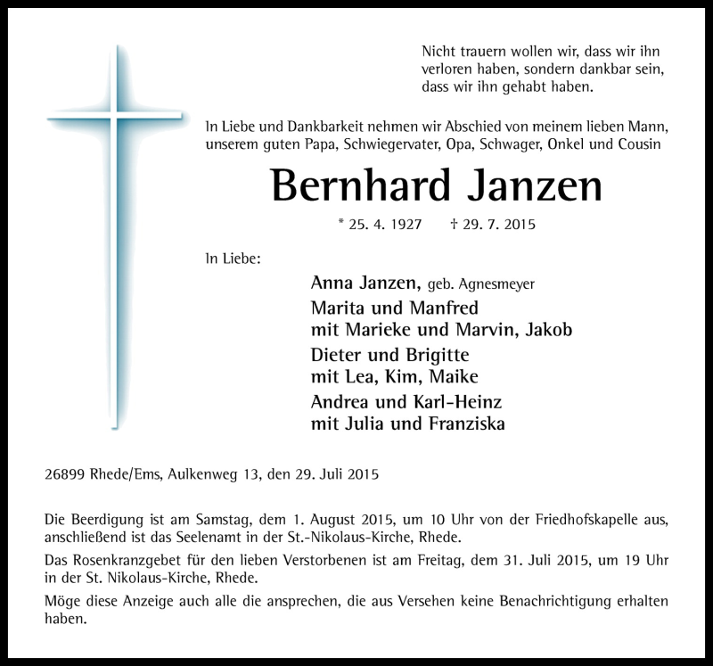  Traueranzeige für Bernhard Janzen vom 31.07.2015 aus Neue Osnabrücker Zeitung GmbH & Co. KG
