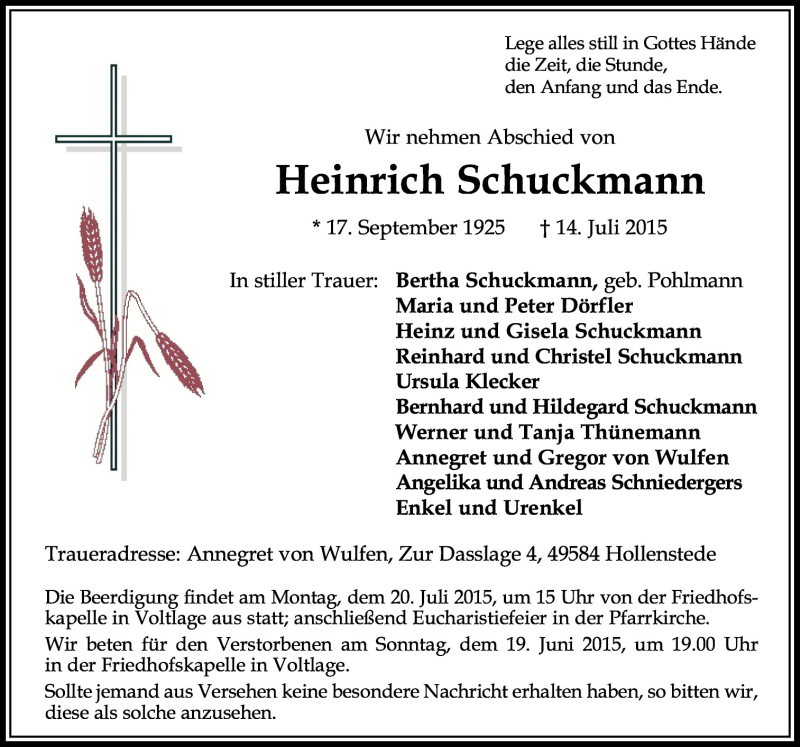  Traueranzeige für Heinrich Schuckmann vom 16.07.2015 aus Neue Osnabrücker Zeitung GmbH & Co. KG