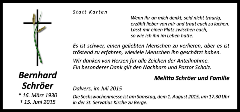  Traueranzeige für Bernhard Schröer vom 29.07.2015 aus Neue Osnabrücker Zeitung GmbH & Co. KG