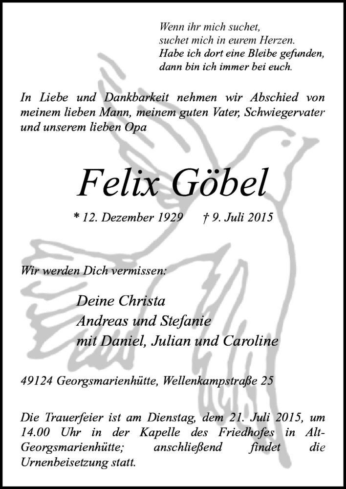  Traueranzeige für Felix  Göbel vom 18.07.2015 aus Neue Osnabrücker Zeitung GmbH & Co. KG