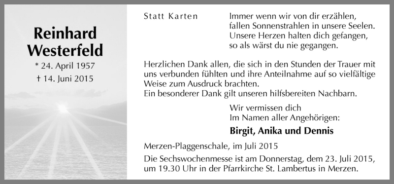  Traueranzeige für Reinhard Westerfeld vom 20.07.2015 aus Neue Osnabrücker Zeitung GmbH & Co. KG