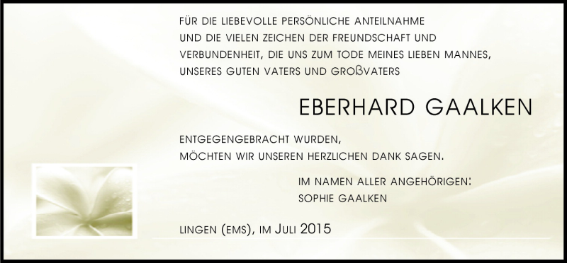  Traueranzeige für Eberhard Gaalken vom 15.07.2015 aus Neue Osnabrücker Zeitung GmbH & Co. KG