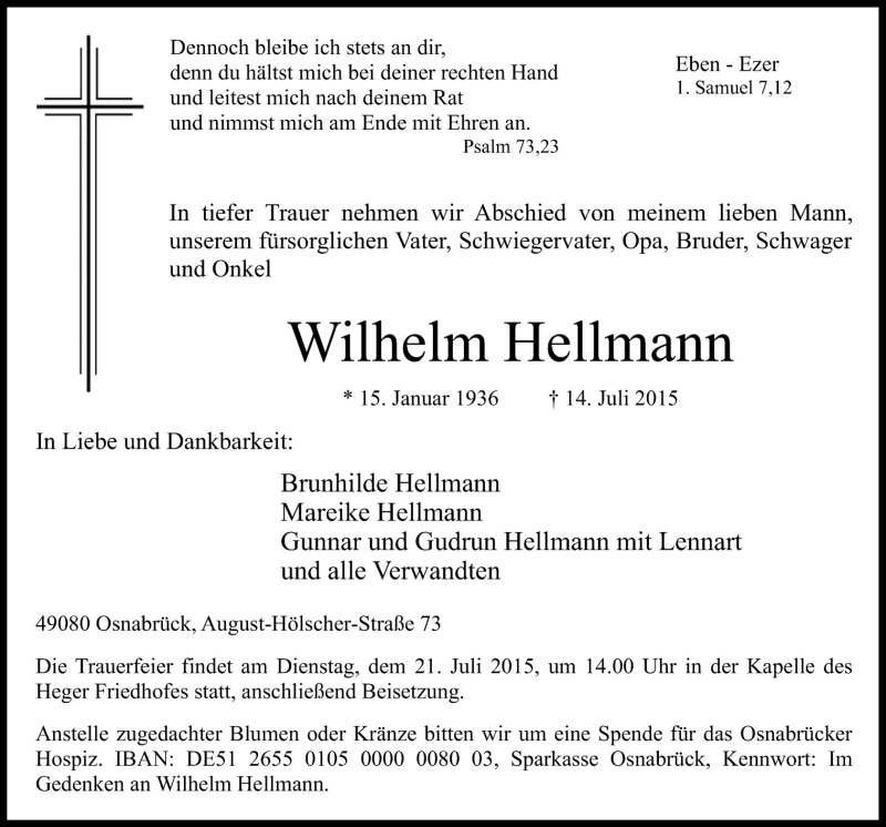  Traueranzeige für Wihelm Hellmann vom 18.07.2015 aus Neue Osnabrücker Zeitung GmbH & Co. KG