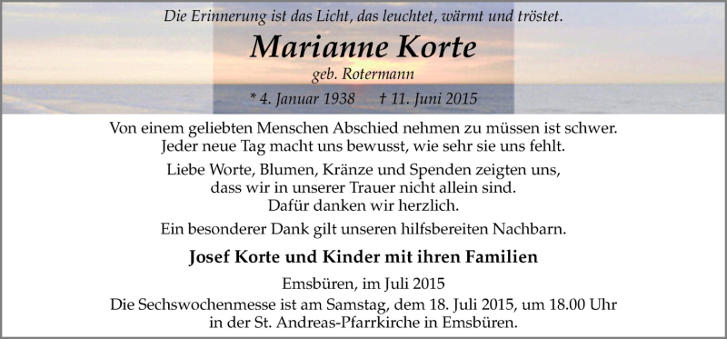  Traueranzeige für Marianne Korte vom 15.07.2015 aus Neue Osnabrücker Zeitung GmbH & Co. KG