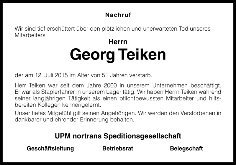  Traueranzeige für Georg Teiken vom 16.07.2015 aus Neue Osnabrücker Zeitung GmbH & Co. KG