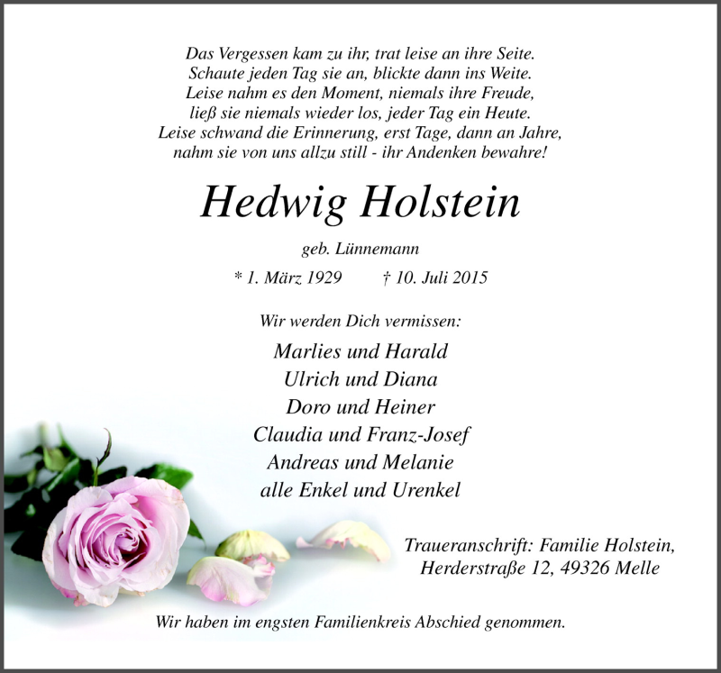  Traueranzeige für Hedwig Holstein vom 18.07.2015 aus Neue Osnabrücker Zeitung GmbH & Co. KG