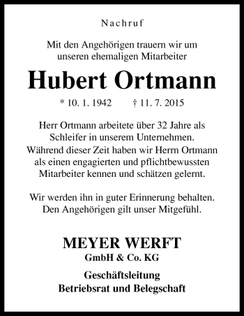 Traueranzeige von Hubert Ortmann von Neue Osnabrücker Zeitung GmbH & Co. KG