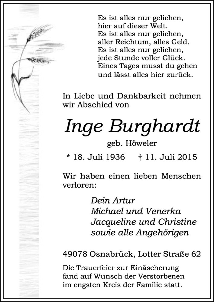  Traueranzeige für Inge Burghardt vom 22.07.2015 aus Neue Osnabrücker Zeitung GmbH & Co. KG