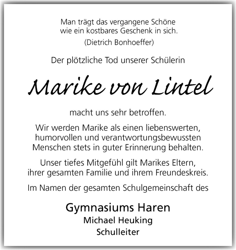  Traueranzeige für Marike von Lintel vom 29.07.2015 aus Neue Osnabrücker Zeitung GmbH & Co. KG