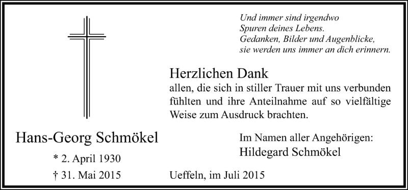  Traueranzeige für Hans-Georg Schmökel vom 18.07.2015 aus Neue Osnabrücker Zeitung GmbH & Co. KG