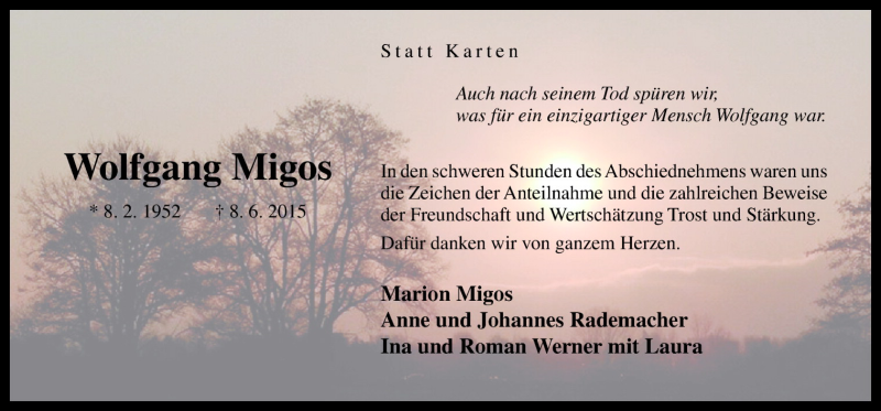  Traueranzeige für Wolfgang Migos vom 18.07.2015 aus Neue Osnabrücker Zeitung GmbH & Co. KG