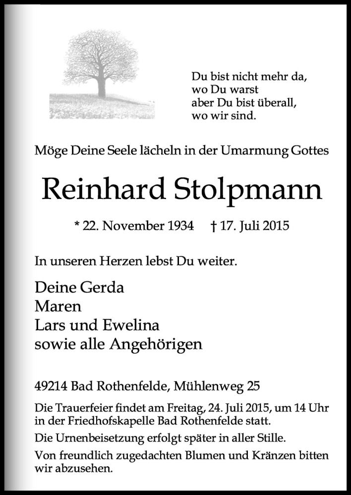  Traueranzeige für Reinhard Stolpmann vom 21.07.2015 aus Neue Osnabrücker Zeitung GmbH & Co. KG