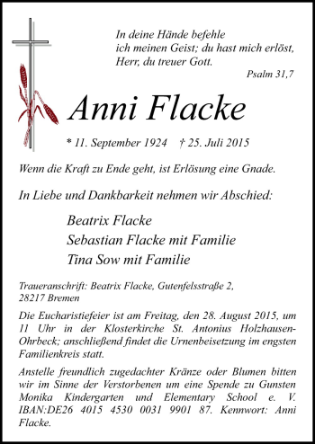 Traueranzeige von Anni Flacke von Neue Osnabrücker Zeitung GmbH & Co. KG