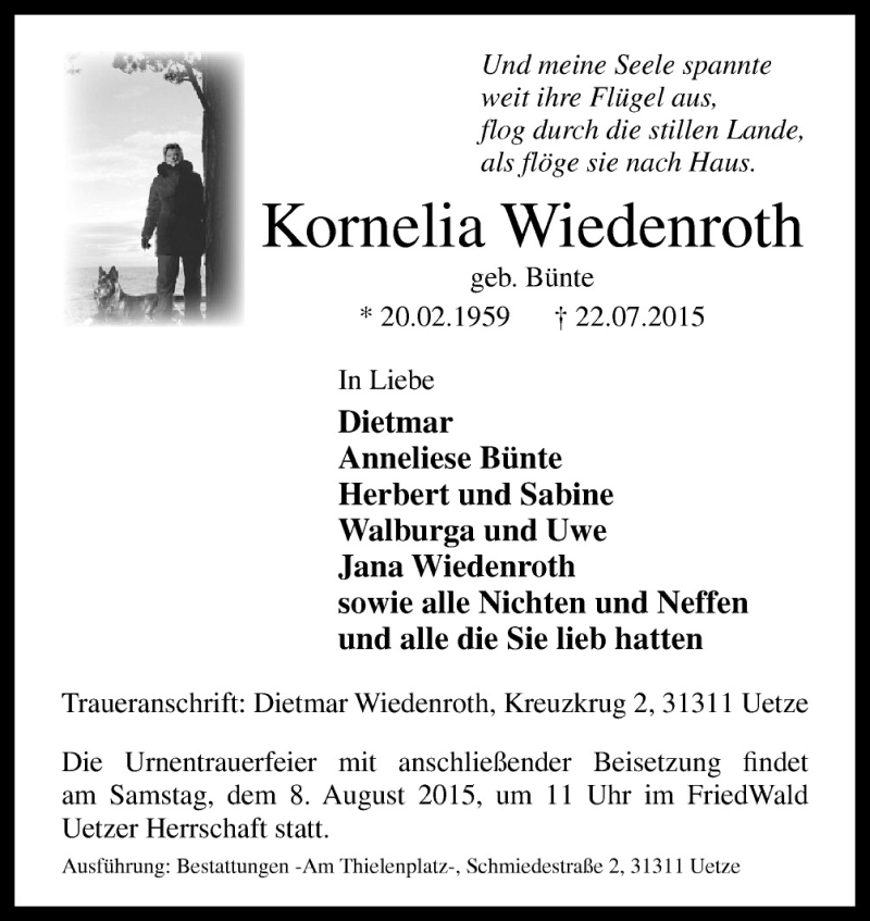  Traueranzeige für Kornlia Wiedenroth vom 01.08.2015 aus Neue Osnabrücker Zeitung GmbH & Co. KG