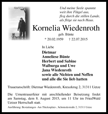 Traueranzeige von Kornlia Wiedenroth von Neue Osnabrücker Zeitung GmbH & Co. KG