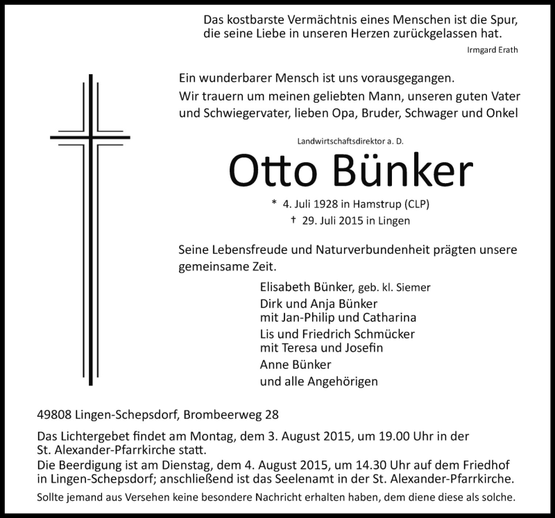  Traueranzeige für Otto Bünker vom 01.08.2015 aus Neue Osnabrücker Zeitung GmbH & Co. KG