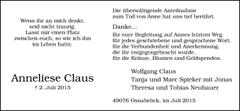 Traueranzeige von Anneliese Claus von Neue Osnabrücker Zeitung GmbH & Co. KG