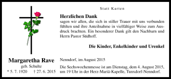 Traueranzeige von Margaretha Rave von Neue Osnabrücker Zeitung GmbH & Co. KG